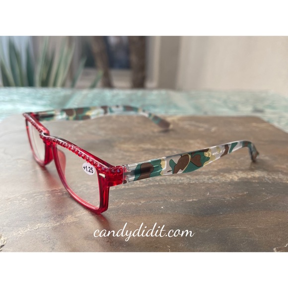 NWT Translucent Red & Camo W/Red Crystals Bling Reader Glasses With Case 1.25 - Picture 6 of 10